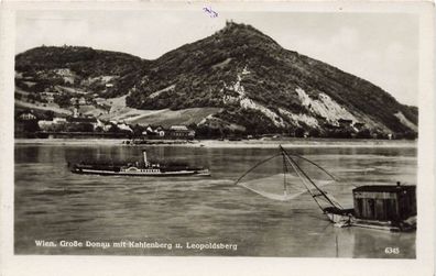 Große Donau mit Kahlenberg und Leopoldsberg Wien Österreich Postkarte AK