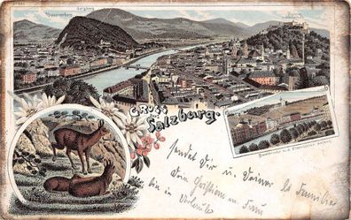 Gruss aus Salzburg Festung Kapuzinerberg Stadtbrücke Postkarte AK 1897