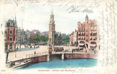 Amstel met Munttoren Amsterdam Niederlande Postkarte AK 1902