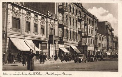 Ecke Adolf-Hitler u. Richthofen Straße Litzmannstadt Polen Postkarte AK 1940