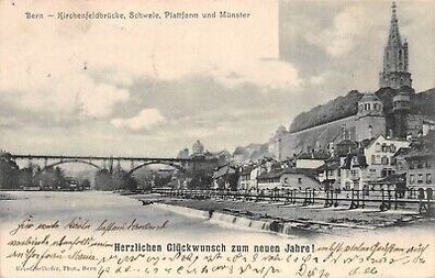 Bern Kirchenfeldbrücke Schwele Plattform Münster Herz. Glückw. Postkarte AK 1903