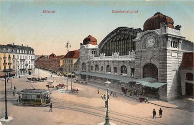 Basel Bundesbahnhof Straßenbahn Postkarte