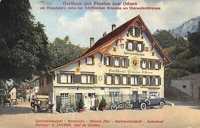 Gasthaus und Pension zum Ochsen Brunnen am Vierwaldstättersee Postkarte AK