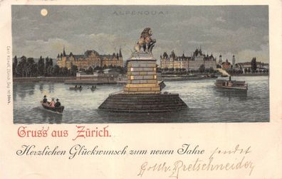 Gruss aus Zürich Herzlichen Glückwunsch zum neuen Jahre Mondschein AK 1898