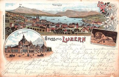 Gruss aus Schweiz Luzern Bahnhof Litho Postkarte 1898