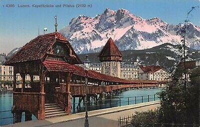 Luzern Kapellbrücke und Pilatus (2132m) Postkarte AK