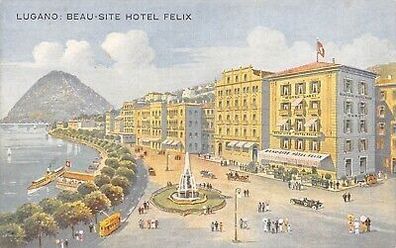 Lugano Beau-Site Hotel Felix Straßenbahn Dampfer Postkarte AK