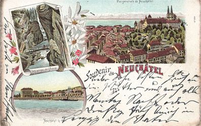 Souvenir de Neuchätel Neuenburg Schweiz Litho Postkarte AK 1897