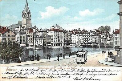 Zürich Rathausquai mit Peterskirche und Wühre Straßenbahn Postkarte AK 1905