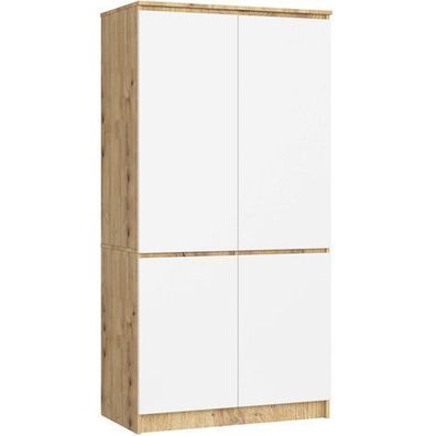 Kleiderschrank AKORD S90 Eiche Artisan, Weiß 90 cm 4 Téren B90xH180xT51 cm