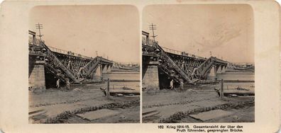 Stereobild Foto Raumbild Gesprengte Brücke über den Pruth Ostfront 1914/15