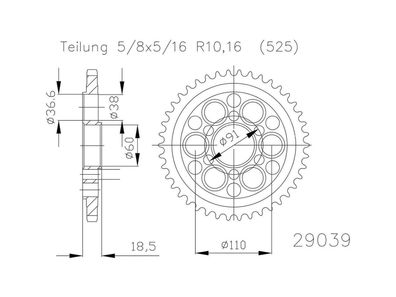 ESJOT Kettenrad "29039" 525, Stahl, silber 38 Zähne