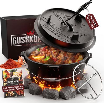 Gusskönig Dutch Oven Set 4,5 Liter Feuertopf Deckelheber und Edelstahl Untersetzer