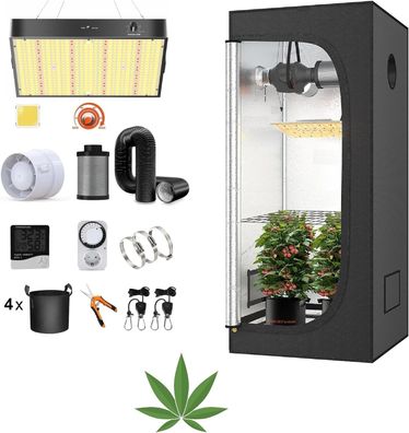 JUNG Growbox Komplettset Anbau Set mit LED Vollspektrum Grow Lampe Dimmbar, 120x