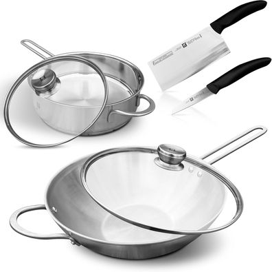 Zwilling TwinNova3 Wokpfanne 30cm + Schmorpfanne 24 cm + 2x Glasdeckel + 2 Küche