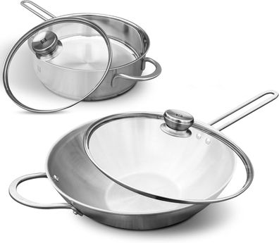 Zwilling TwinNova3 Wokpfanne 30cm + Schmorpfanne 24 cm mit 2x Glasdeckel, 4 tlg,