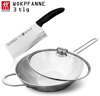 Zwilling Twin Nova Wokpfanne 30cm + Deckel+ Kochmesser 3tlg Induktion Wok Pfanne