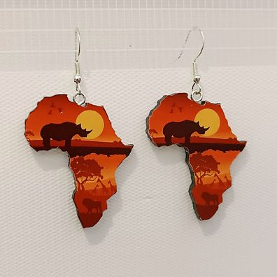 Afrika, Sonnenuntergang, Savanne, Acryl Ohrringe, Hängeohrringe, Handarbeit