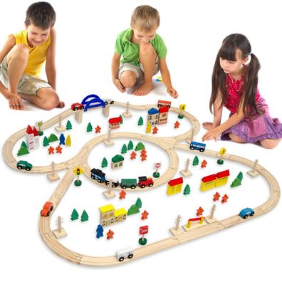 130 Teile XXL Holzeisenbahn Set - 5m Schienen - Holz Eisenbahn Kinder Spielzeug