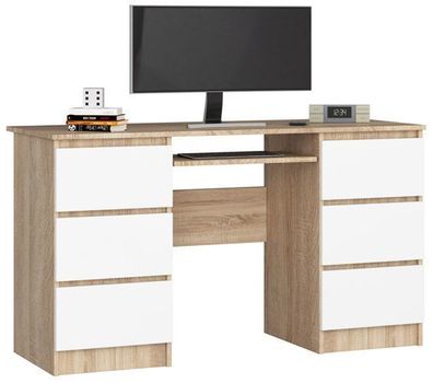 PC-Schreibtisch AKORD A11 Sonoma-Eiche mit 6 Schubladen Front Weiß 135 x 77 x 50 cm