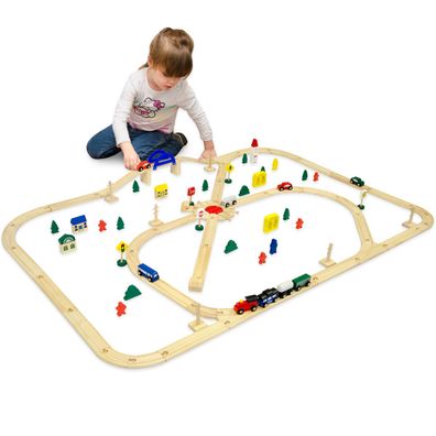 96 Teile XXL Holzeisenbahn Set - 6m Schienen - Holz Eisenbahn Kinder Spielzeug