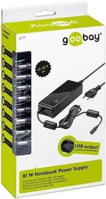 Goobay 90 W Notebook-Netzteil, Schwarz, 1.6 m - inkl. 1x USB- und 8x DC-Adapter,