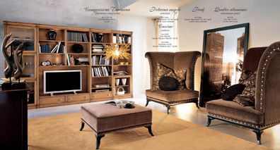 Luxus Set 3Tlg. Design 2X Sessel Hocker Holz Wohnzimmerset Möbel Sofa Couch Neu