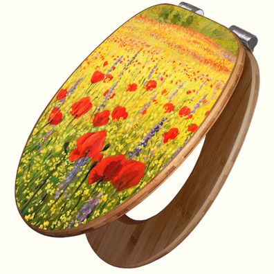 banjado® WC-Sitz Bambus braun mit Absenkautomatik Motiv Feld Mit Mohnblumen