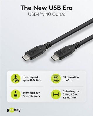 USB-C™-Kabel, USB4™, 240 W, 40 Gbit/s, Power Delivery, 1,8 m