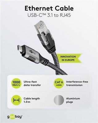 Ethernet-Kabel USB-C™ 3.1 auf RJ45, 1 m