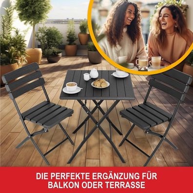 Balkontisch Set für 2 Personen Tisch mit 2 Stühlen Kunststoff in Holz Optik Schwarz