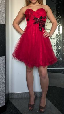 Sexy Miss Edel Damen Cocktail Abend Kleid Tüll Stickerei Strass Steine M 36 rot