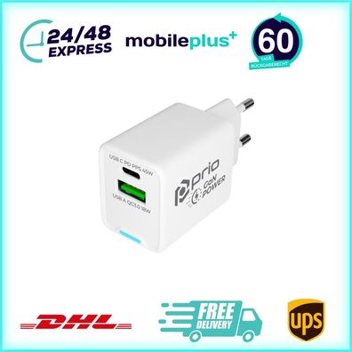 prio Wandladegerät GaN Power 45W PD PPS (USB C) + QC 3.0 (USB A) weiß