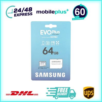 Original Samsung EVO Plus 64 GB MicroSDHC Karte Class 10 Adapter MB-MC64KA/EU