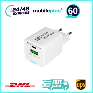 prio Wandladegerät GaN Power 35W PD PPS (USB C) + QC 3.0 (USB A) weiß
