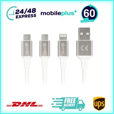 prio 3in1 Micro USB & USB C & Lightning zu USB A Kabel 3A 0.6m weiß