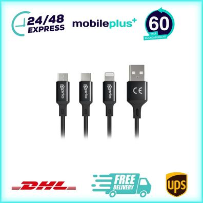 prio 3in1 Micro USB & USB C & Lightning zu USB A Kabel 3A 1,2m schwarz