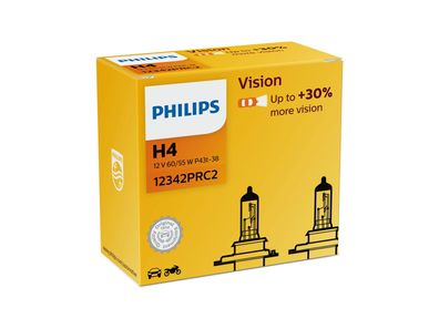 Philips Hauptlampe H4, Sockel P43t-38 12 V, 60/55 W, "Vision", + 30 %, 2er Set, im