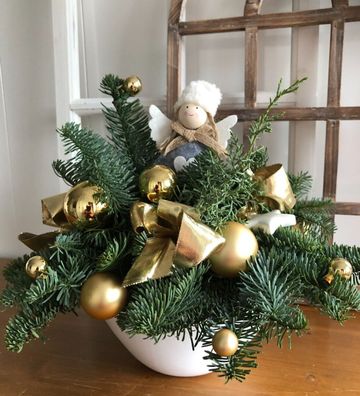 38x40cm Winterzauber Gold mit Topf Tischgesteck Weihnachtsgesteck Strauß Engel