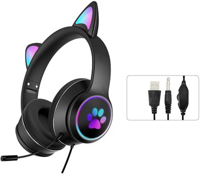 Faltbarer Katzenohr-Kopfhörer mit RGB-LED-Licht, mit USB-Kabel (schwarz)