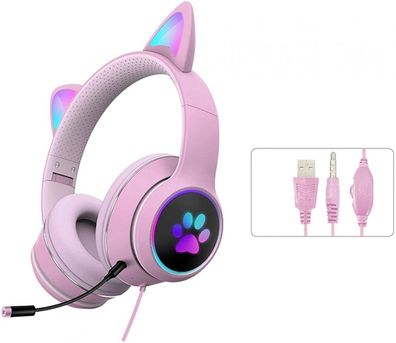 Faltbarer Katzenohr-Kopfhörer mit RGB-LED-Licht, mit USB-Kabel (rosa)