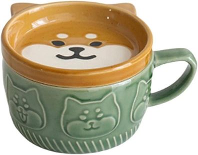 Niedliche Shiba Inu Kaffeetasse aus Keramik mit Deckel und Milchbecher (grün)