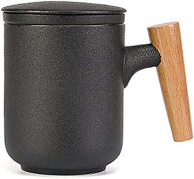 Teetasse aus Keramik mit Deckel und Sieb, Sieb-Teetasse mit Holzgriff, 325 ml