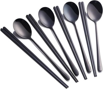 Koreanische Essstäbchen und Löffel Set, Edelstahl für 4 Personen, schwarz