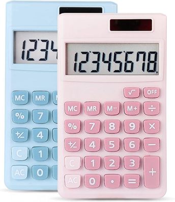 2pcs Mini Pocket Calculator, 8-Digit Solar Powered Desktop Calculator (Blue/Pink)