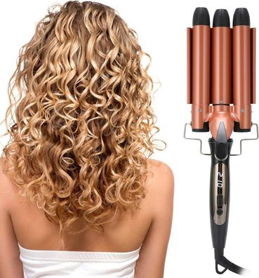 3-Barrel Hair Curler, Adjustable Temperature LCD Display, Rotatable Curler