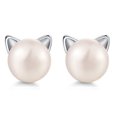 Cat Stud Earrings Pearl Jewelry Ladies Girls Kids Cat Lover 925 Sterling Silver Stud