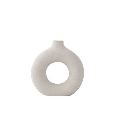 Beige Keramikvase, moderne Donut-Vase mit getrockneten Blumen, handgefertigt