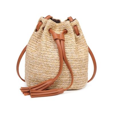 Boho Straw Bucket Bag, Woven Shoulder Bag for Beach, Summer, or Vacation