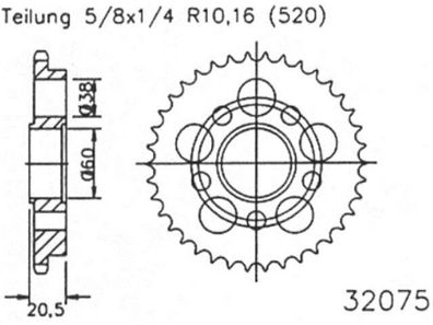 ESJOT Kettenrad "32075" 520, Stahl, silber 38 Zähne